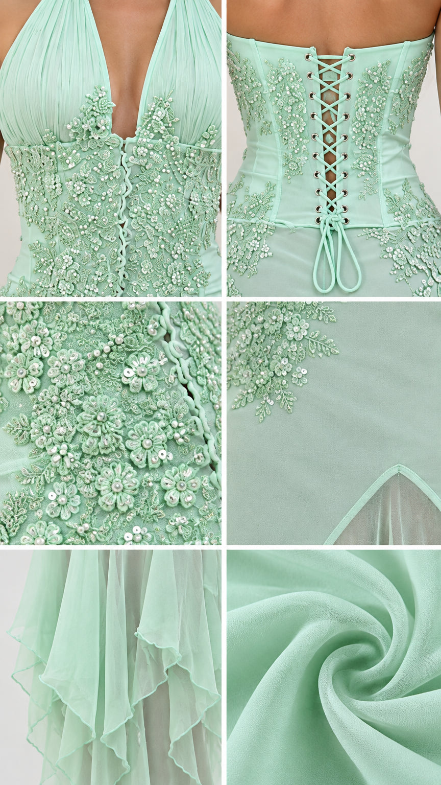 Close-up details of mint green dress showing beaded floral embroidery and fabric texture