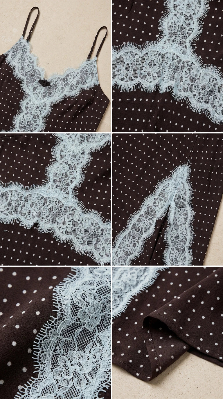 Close-up details of delicate lace trim and polka dot fabric