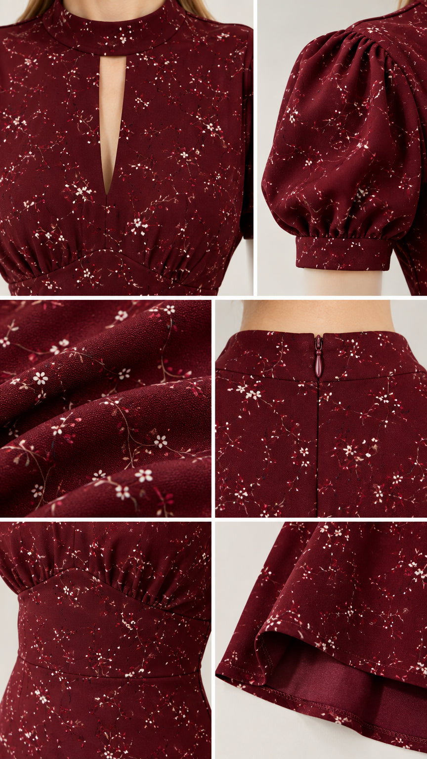 Close-up details of keyhole neckline, puff sleeve, fabric print, back zipper, and hem