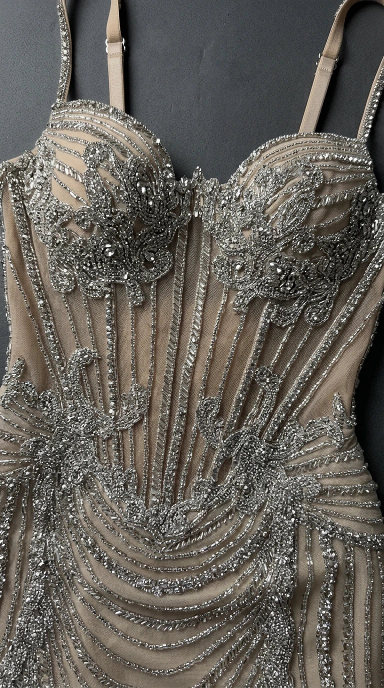 Close up detail of sparkling beadwork and structured boning bodice