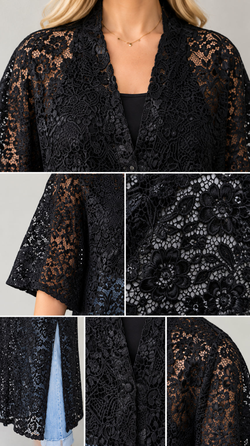 Detailed close-up collage of black floral lace fabric, neckline, sleeves, and side slit