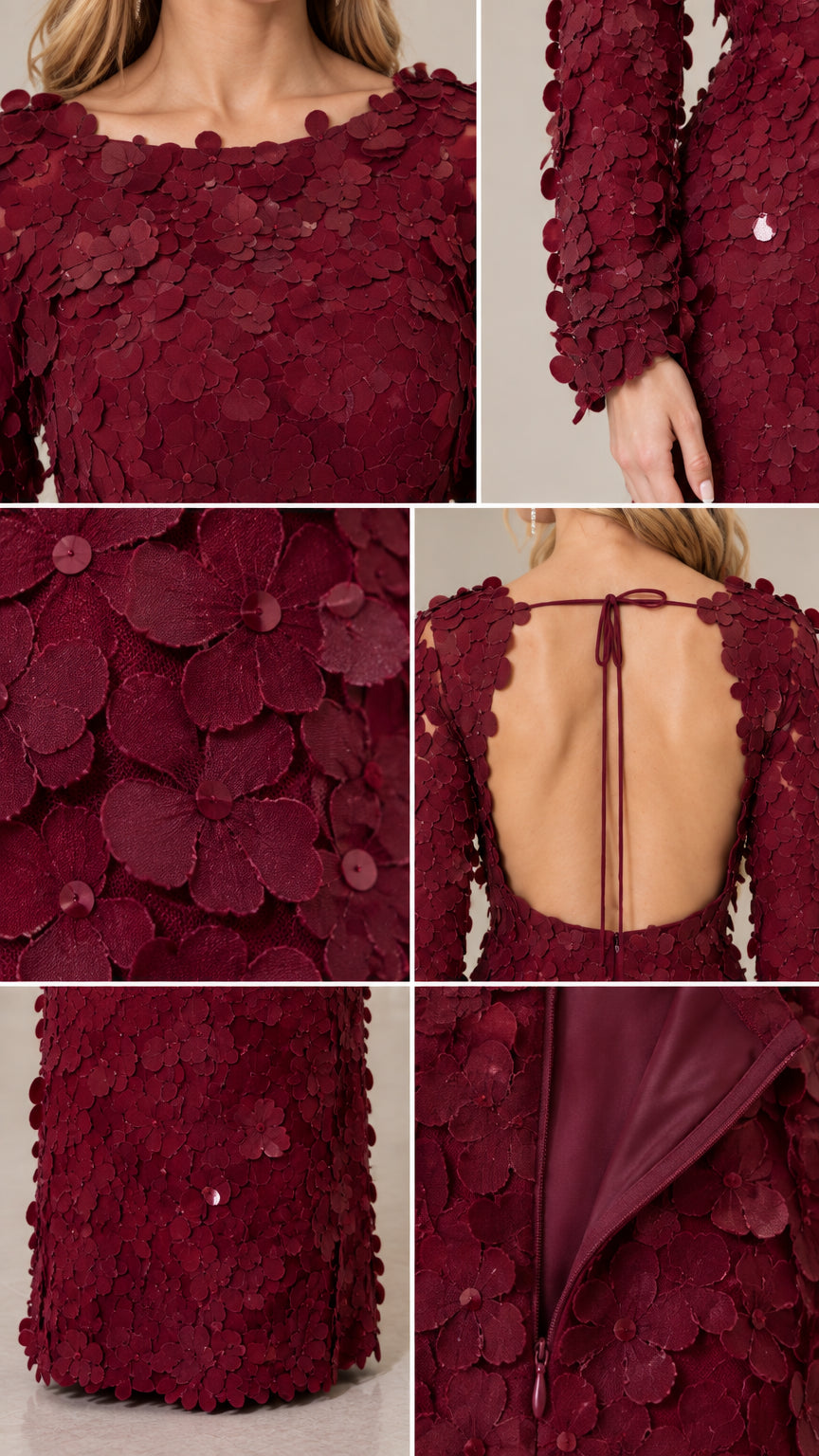 Close-up details of 3D floral petals, open back tie, and zipper closure