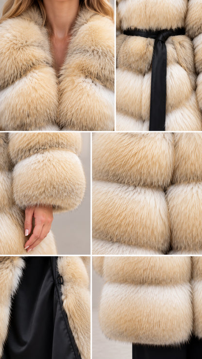 Close-up detail shots showing texture, cuffs, neckline, belt, and lining of golden beige faux fur coat