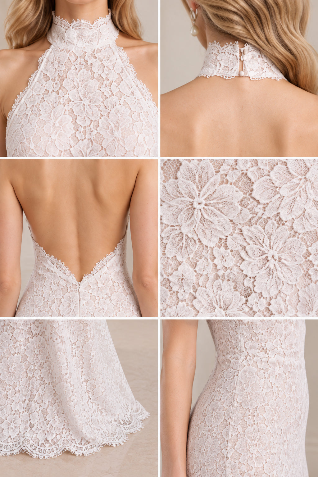 Close-up details of floral lace texture, high collar, and backless neckline