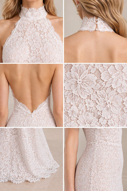 Close-up details of floral lace texture, high collar, and backless neckline