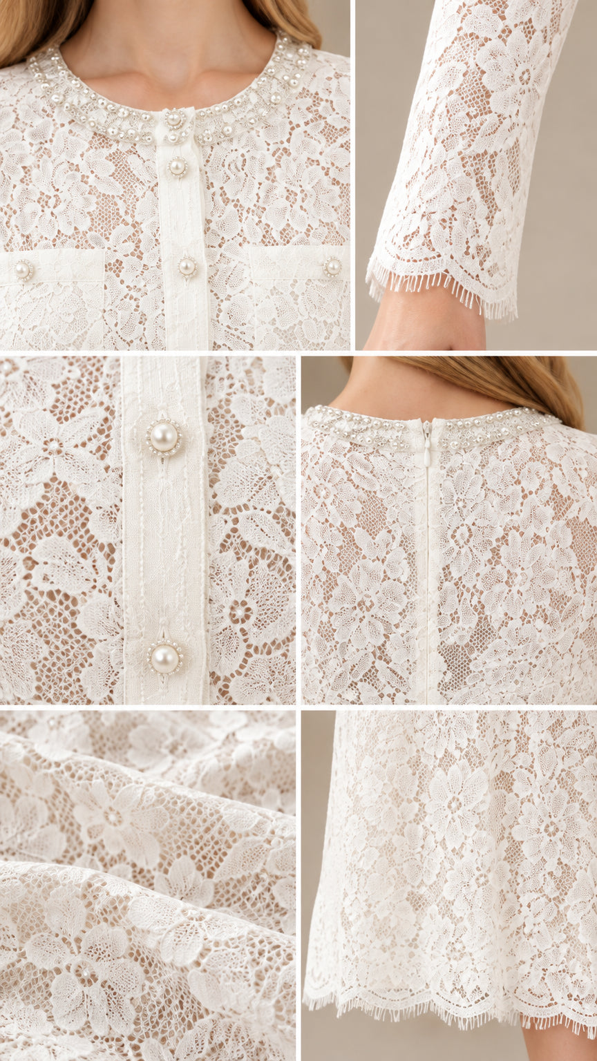 Close-up details of pearl neckline, button front, and eyelash lace trim