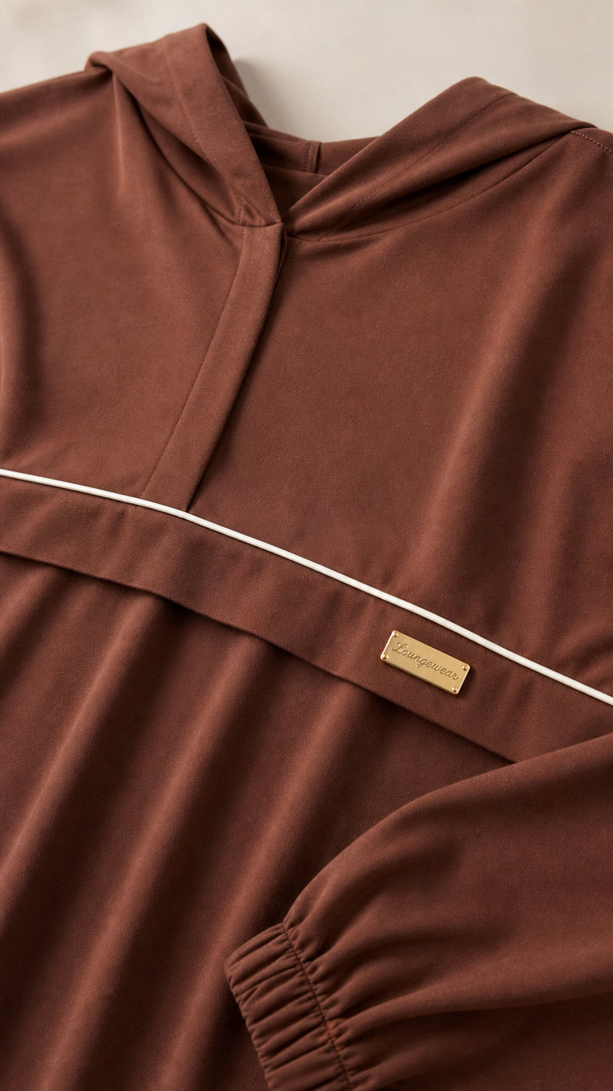 Close-up detail of brown knit fabric showing hooded placket, piping trim, and brand accent