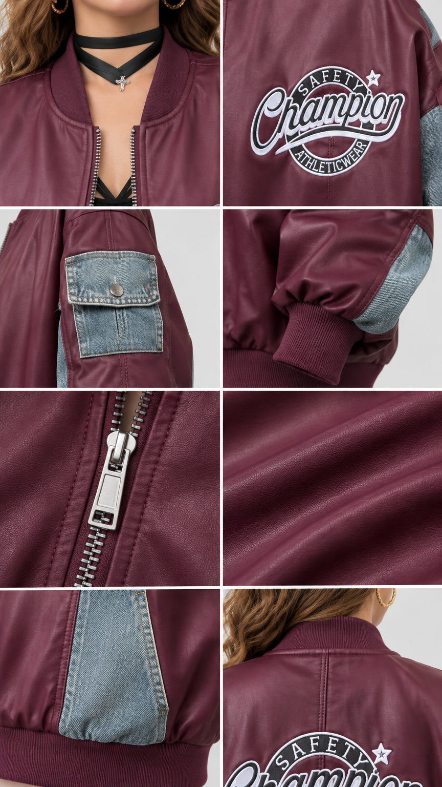 Detailed collage showing metal zipper, ribbed collar, sleeve pocket, and denim patchwork details