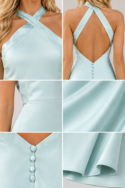 Close-up details of Ice Blue halter neckline, cutout back, and satin fabric texture