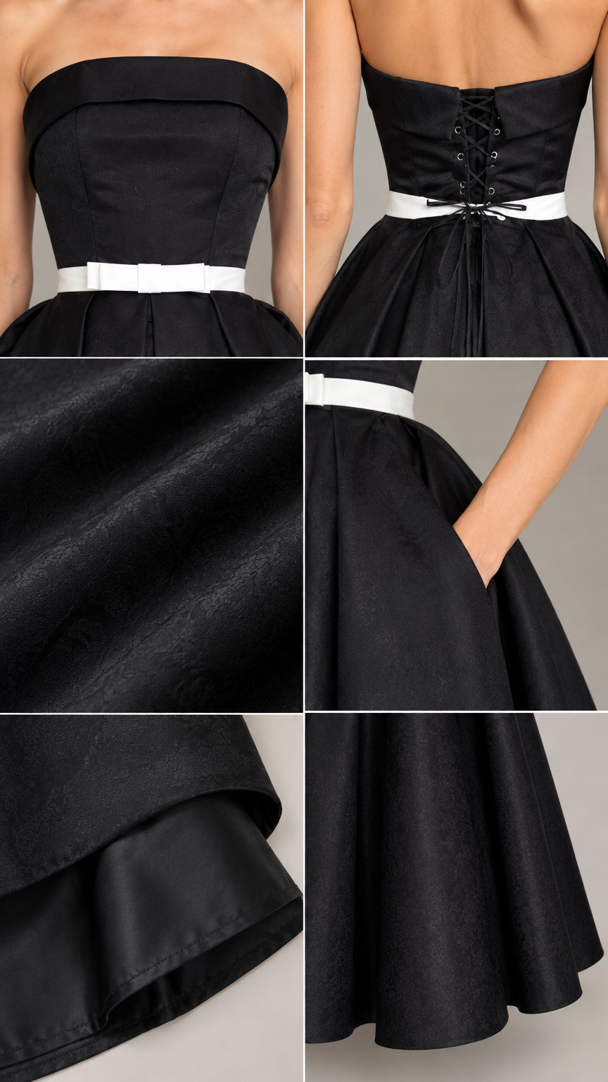 Detailed collage showing strapless neckline, corset back, satin fabric texture, and hidden pocket