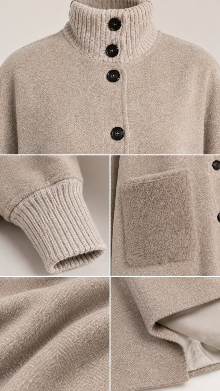 Detailed close-up of ribbed collar, front buttons, ribbed cuff, and plush textured pocket
