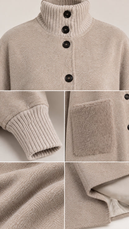 Detailed close-up of ribbed collar, front buttons, ribbed cuff, and plush textured pocket