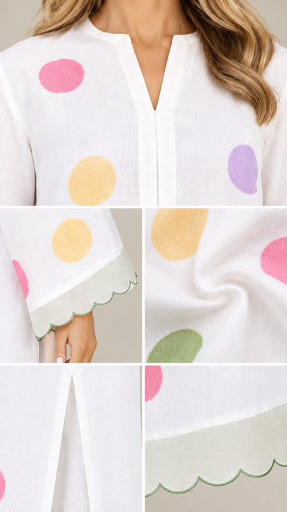 Close-up details of neckline, scalloped sleeve cuffs, and polka dot fabric texture