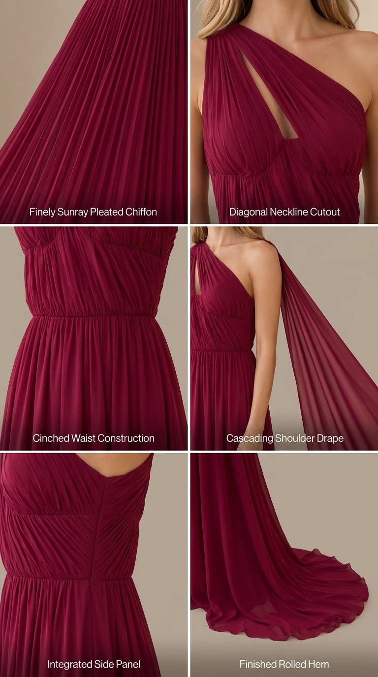 Close-up details of pleated chiffon fabric, cutout neckline, and cinched waist