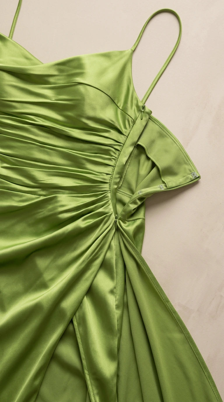 Close-up detail of side zipper and gathered waist ruching on green satin dress