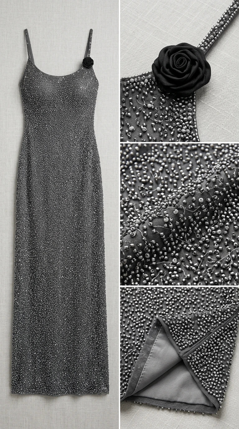Flat lay and close-up details of beaded texture, rosette shoulder flower, and hem lining