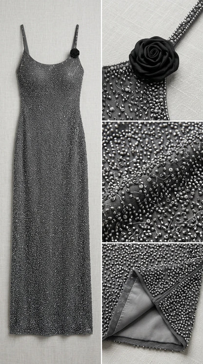 Flat lay and close-up details of beaded texture, rosette shoulder flower, and hem lining