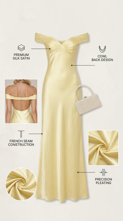 Detail feature diagram of butter yellow satin evening dress construction