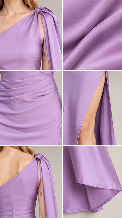 Detailed close-ups of the shoulder bow detail, ruched waist fabric, and hem slit