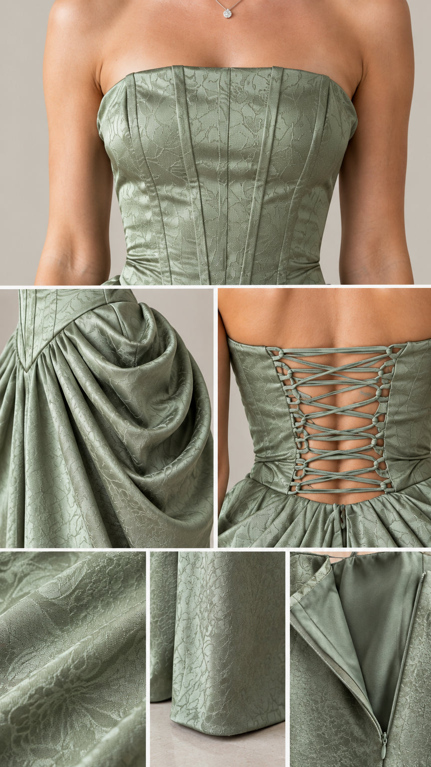 Close-up collage of corset boning, draped hip texture, lace-up back, and zipper closure