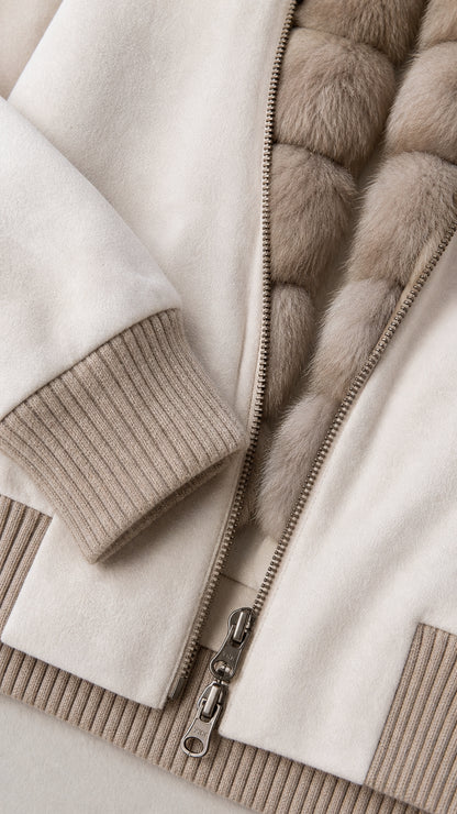 Detailed close-up of zipper, ribbed cuffs, and faux-fur collar