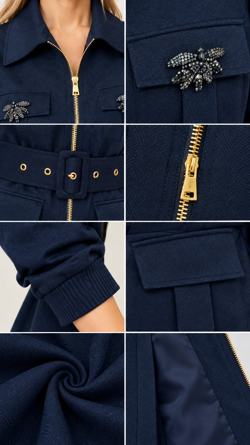 Close-up details of gold zipper, crystal brooch pocket, eyelet belt, and fabric texture