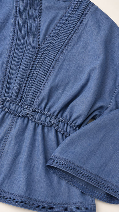 Close-up detail of denim blue blouse showing pintuck pleats, lace trim, and woven texture