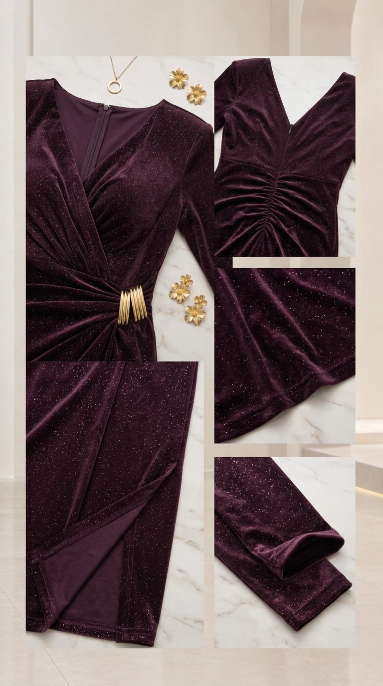Close-up details of burgundy shimmer fabric, waist hardware, back zipper, and sleeve hem