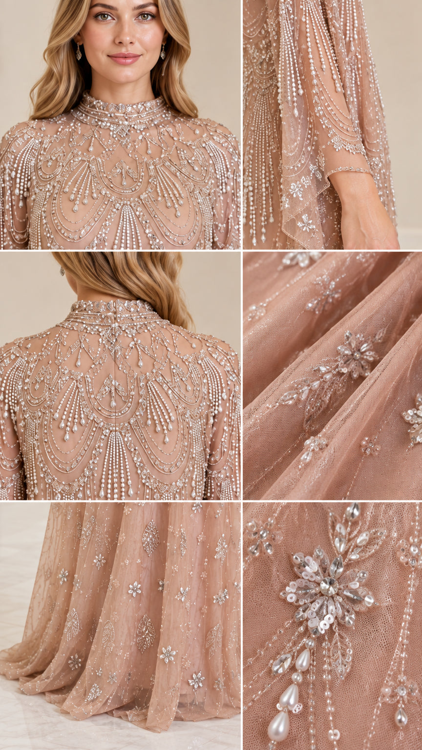 Close-up detail of intricate beadwork, pearl accents, and sheer neckline on evening gown