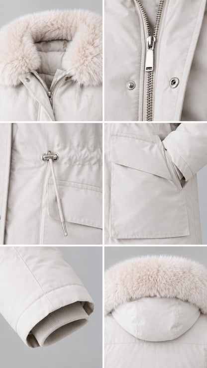 Close-up details of collar, zipper placket, drawstring waist toggle, flap pockets, ribbed cuffs, and hood