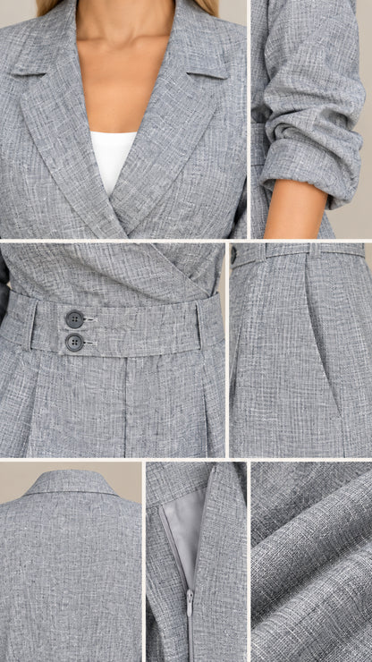 Close-up details of collar, button waistband, pocket, and fabric texture on grey jumpsuit