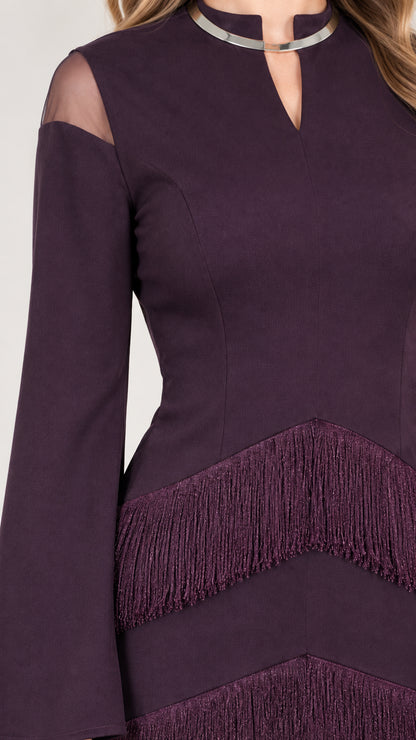 Close-up of Plum dress bodice showing sheer shoulder inserts, metallic neck trim, and fringe detail