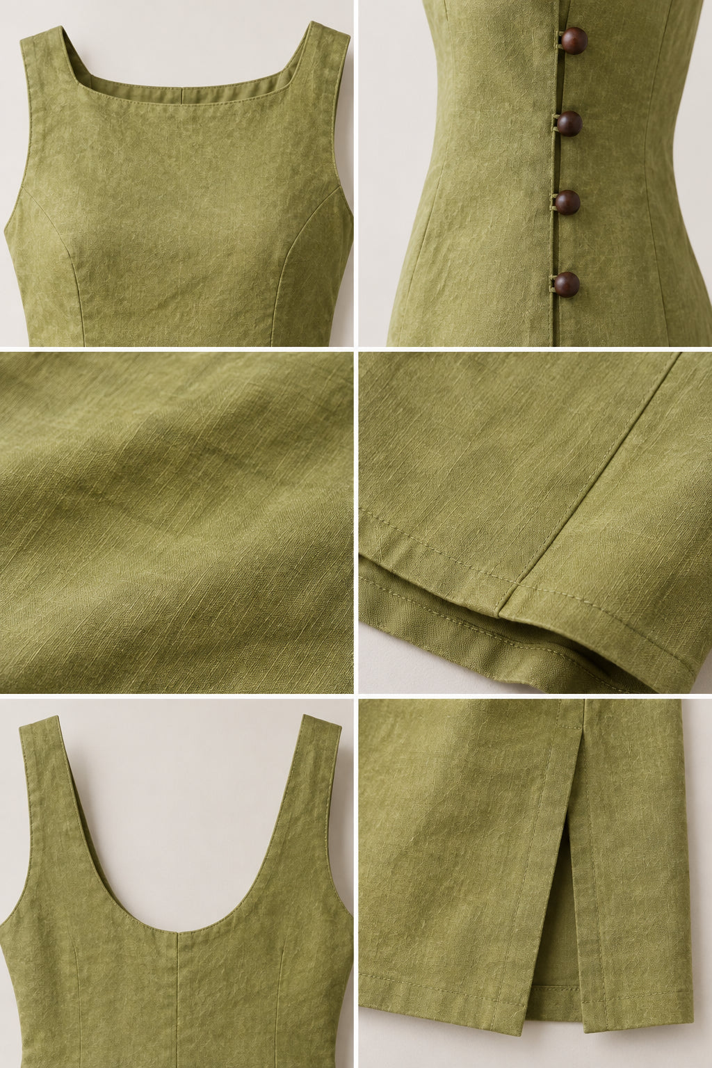 Close-up collage showing boat neckline, loop-button side details, fabric texture, and scoop back