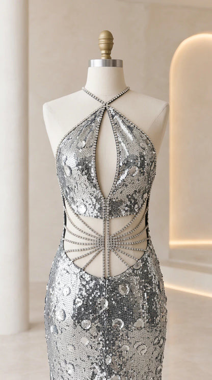 Mannequin close-up of silver sequin dress detailing crystal halter and waist cutouts