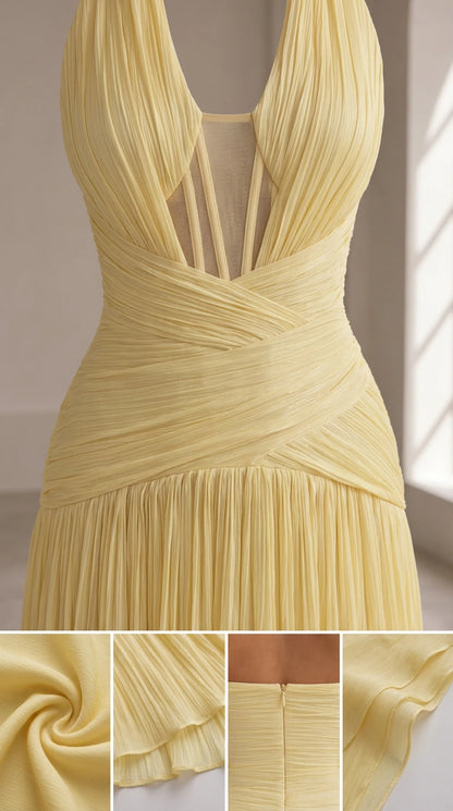 Close-up details of ruched bodice, sheer insert, concealed zipper, and pleats