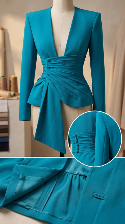 Close-up detail of teal blazer on mannequin showing gathered waist pleating and tailored lining