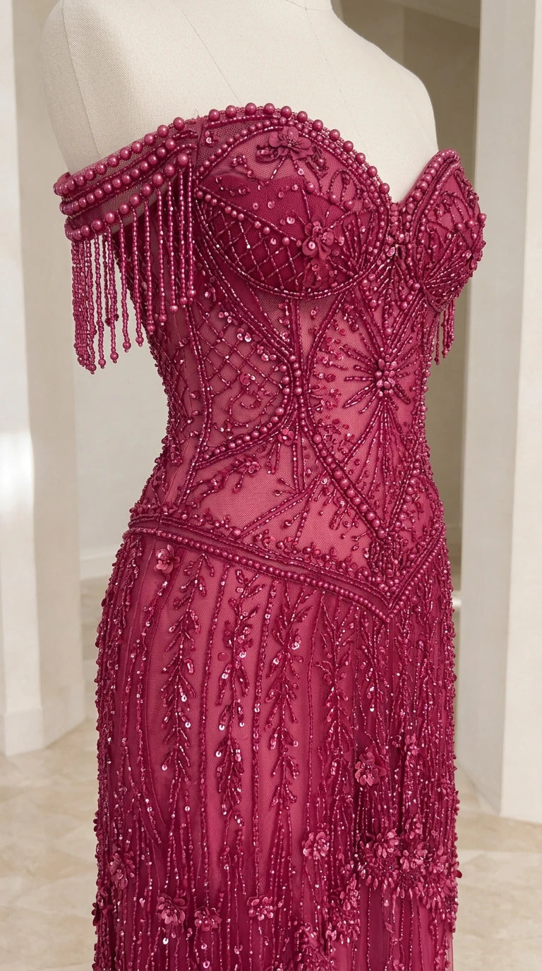 Close-up detail of magenta beaded bodice and shoulder fringe tassels