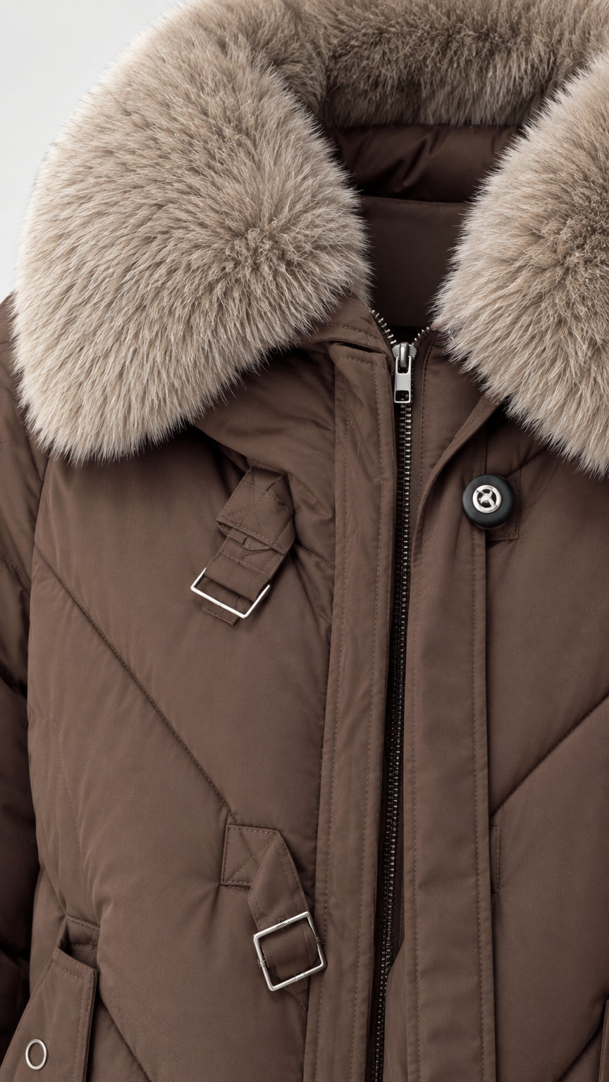 Close-up detail of faux fur collar, zipper, snap placket, and metal buckle strap
