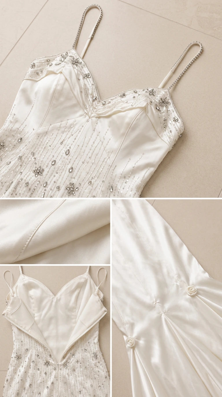 Close-up details of beaded bodice, straps, and satin fabric construction
