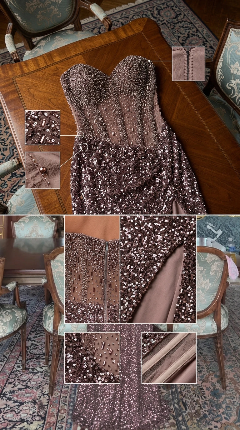Detail flat lay of mocha brown sequin corset gown showing boning, zipper, and beadwork