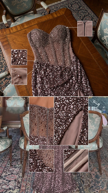 Detail flat lay of mocha brown sequin corset gown showing boning, zipper, and beadwork
