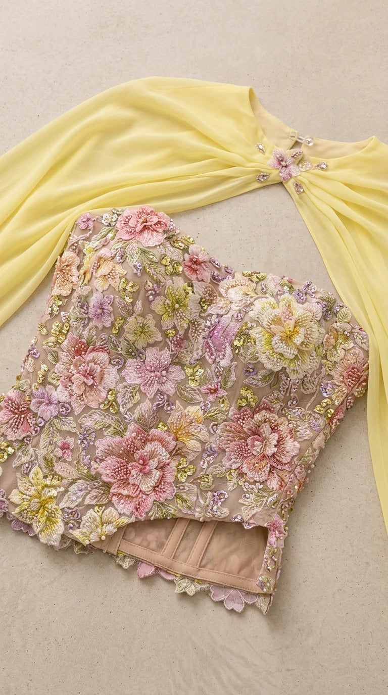Close-up flat lay of detailed 3D floral embroidered corset bodice and jeweled cape collar
