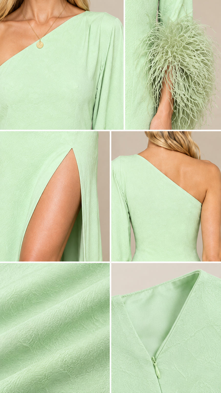 Close-up details of mint green neckline, feather cuff, slit, fabric texture, and zipper