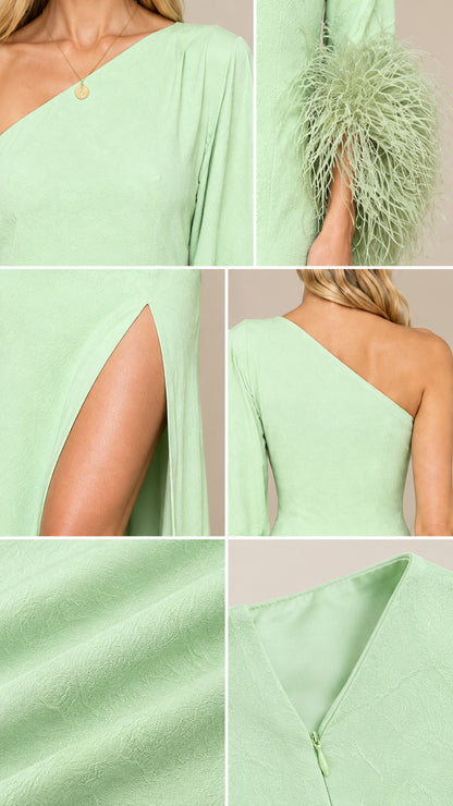 Close-up details of mint green neckline, feather cuff, slit, fabric texture, and zipper