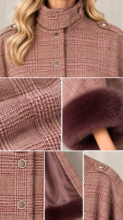 Close-up details of woven check fabric, collar buttons, lining, and faux fur hem