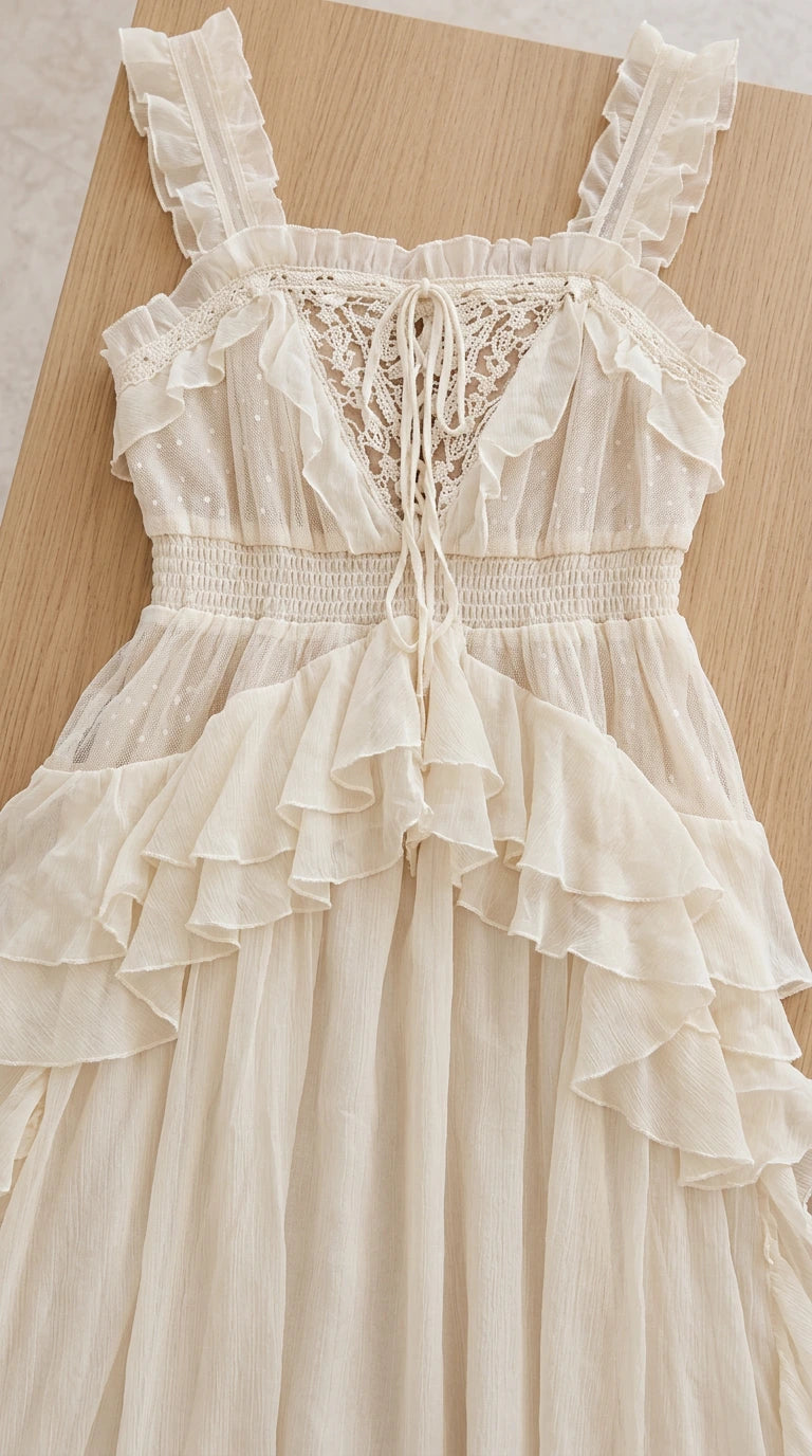 Close-up flat lay of cream lace-up bodice and tiered ruffle details