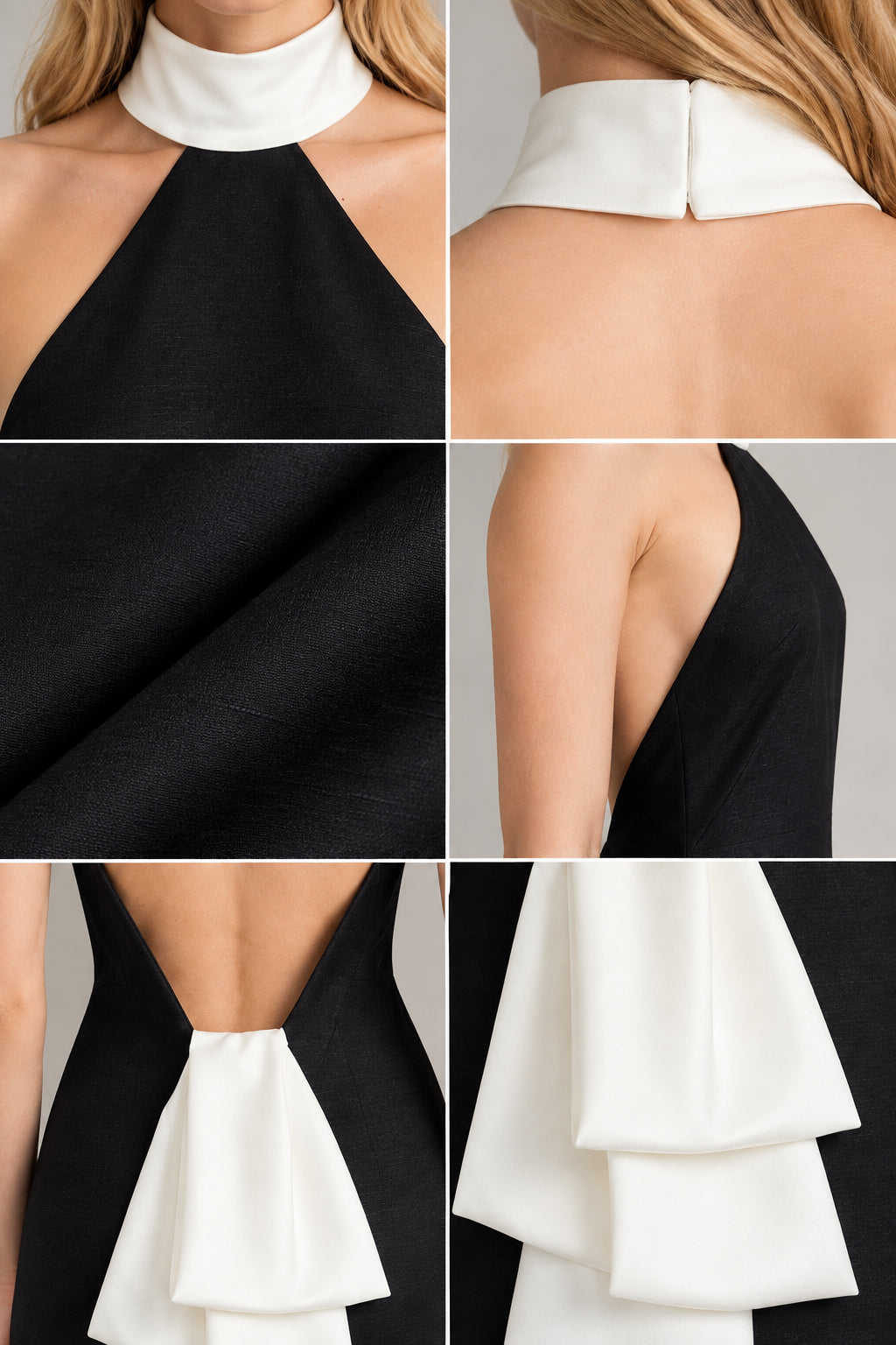 Detailed close-ups of halter neck collar closure, crepe fabric, and back bow drape