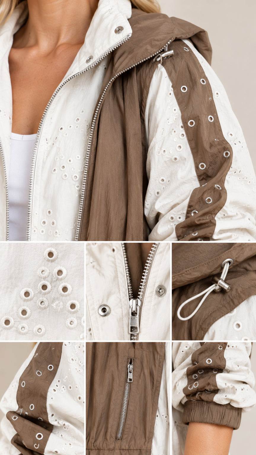 Close-up detail collage showing eyelet embroidery, metal grommets, zipper pockets, and drawstring cord
