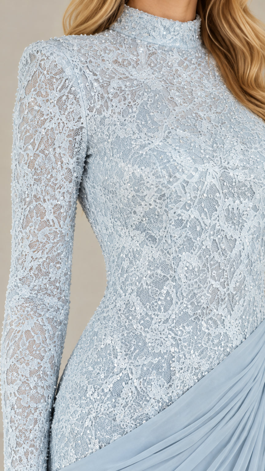 Close-up detail of light blue floral lace high neckline and bodice