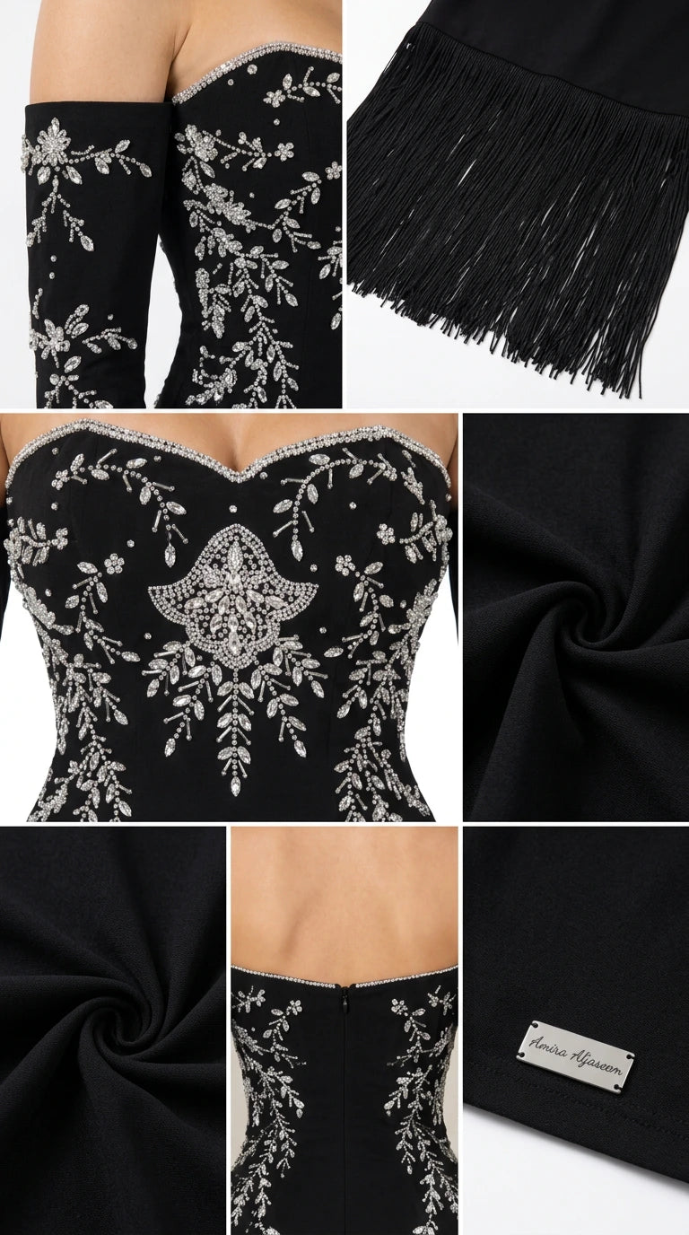 Close-up details of crystal floral beadwork, fringe trim, and zipper closure on evening gown